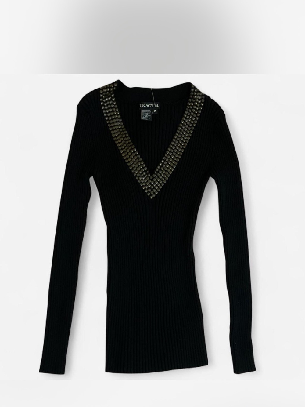 Tracy M Black Ribbed V-Neck Sweater with Metallic Stud Trim